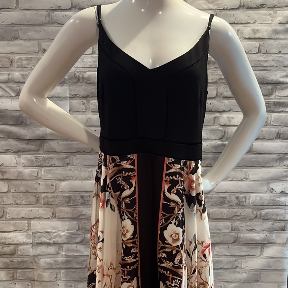WHBM dress black floral adjustable spaghetti strap ivory pink brown sun dress